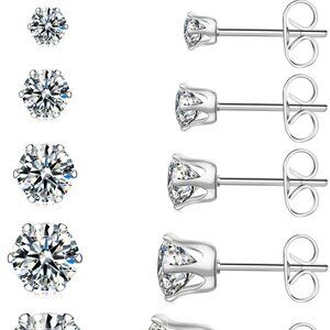 Silver hypoallergenic stainless steel cubic zirconia stud earrings set, 6 pairs,